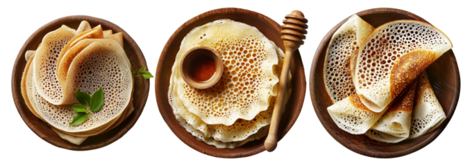 Sago Pancakes thin crepes or stack of pancakes topped with powdered sugar isolated on white background, Papua New Guinea breakfast