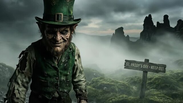 Creepy leprechaun in mystical green landscape with old sign for st patrick day concept