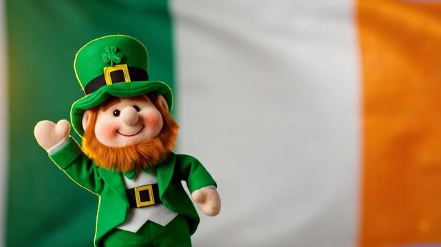 St patrick day leprechaun doll waving with irish flag background. Holiday celebration and traditional green character concept.