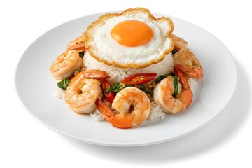 Thai Basil Fried Rice with Shrimp and Crispy Fried Egg Isolated on White Background