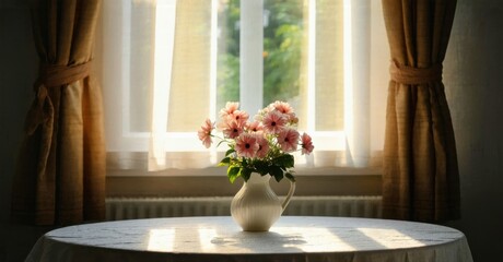 Still life scene. Flowers in vase sit upon round table near window. Soft light creates peaceful mood. Warm tones dominate composition.