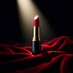Elegant red lipstick tube on luxurious velvet fabric with soft lighting close-up