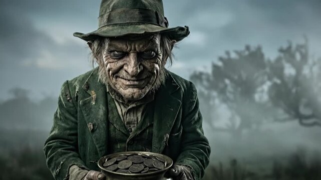 A mean leprechaun man in green clothing holds a pot of gold, a st Patrick day myth concept