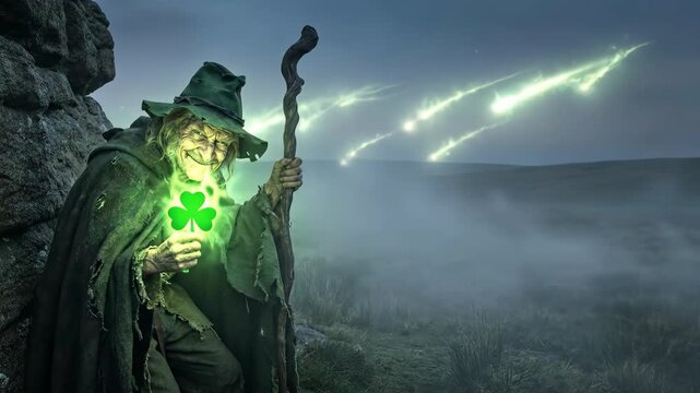 Old witch holding glowing green shamrock with magic trails in misty landscape for saint patrick day