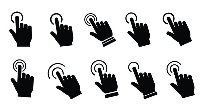 Various hand gestures and interaction icons depicted in monochrome silhouette style