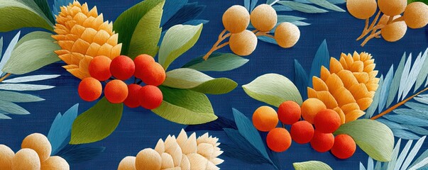 Dark blue background with pine cones, holly leaves, and red berries for festive decor