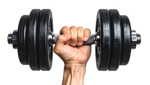 Hand with a heavy chrome dumbbell isolated on a white background for fitness gym workout and strength training bodybuilding exercise