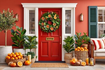 Naklejka premium Festive red door with evergreen wreath, oranges, and cozy holiday decor on a welcoming porch