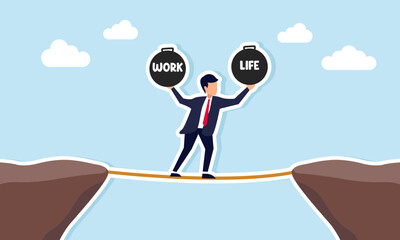 Obraz premium Businessman carrying work and life burdens walking on a rope across a cliff illustrating work life balance