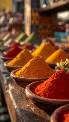 Vertical shot of colorful exotic spices in bowls on a wooden market stall. Authentic oriental bazaar and organic seasonings concept for social media.
