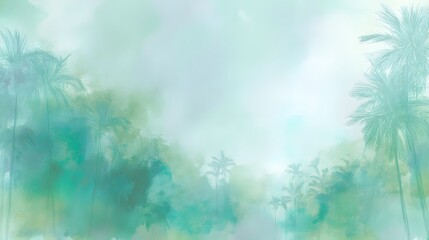 Serene tropical beach illustration watercolor painting lush greenery calming landscape commercial stock art design