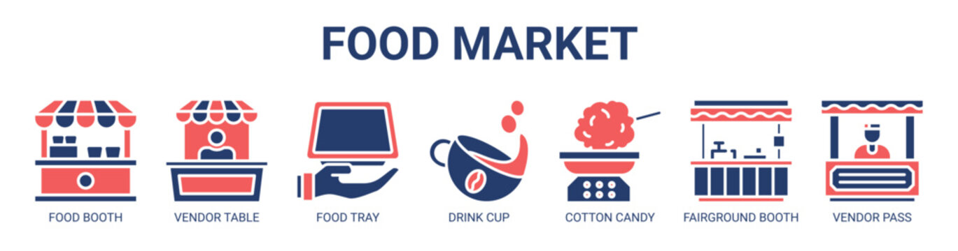 Food Market web banner icon vector illustration concept with icon of food booth, vendor table, food tray, drink cup, cotton candy, fairground booth, vendor pass.
