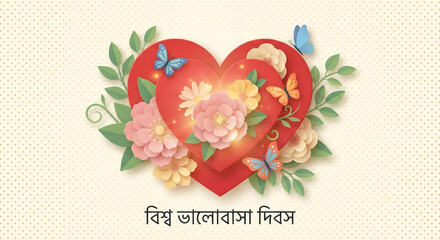Bengali Valentine's Day Heart with Flowers and Butterflies on Soft Background