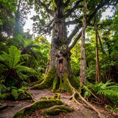 A towering, ancient tree with sprawling roots and moss-covered trunk dominates a vibrant forest landscape, surrounded by lush foliage