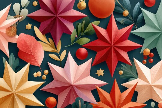 Vibrant origami stars in red, pink, and warm tones for festive décor and celebration - Powered by Adobe