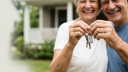 real estate agent senior clients concept. Happy senior couple real estate agent congratulates smiling clients homeowner holding sold house key together outdoors celebrating new home purchase