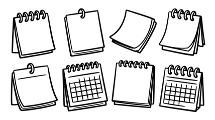 A collection of blank notepads and calendars on a white background