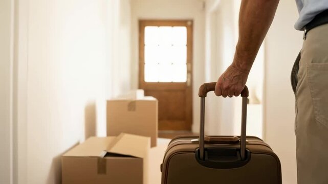 real estate agent senior clients concept. Real estate agent welcomes senior client with luggage suitcase bright hallway supportive moving day home transition and hopeful first visit together