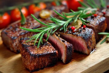 Grilled red meat, sliced into beautiful and appetizing pieces .