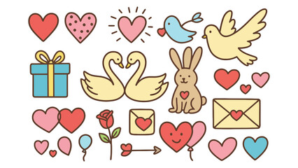 A colorful illustration of Valentine's Day symbols and cute cartoon animals