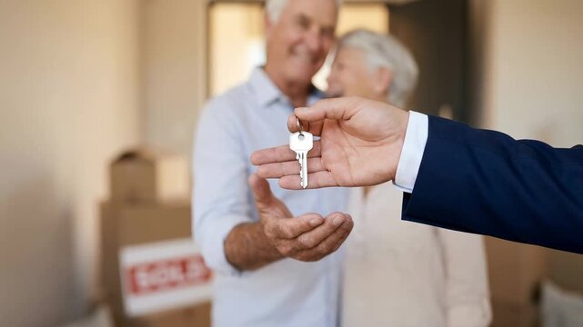 real estate agent senior clients concept. Real estate agent senior clients handshake key home purchase happy couple new house owner concept of trust and satisfaction successful real estate