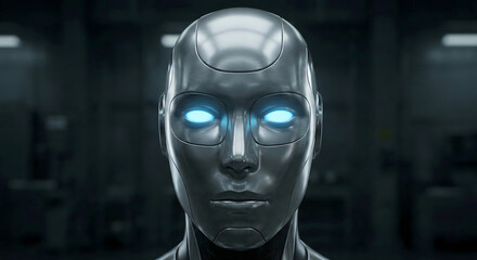 Futuristic AI Robot Head with Glowing Blue Eyes in Dark Cyberpunk Environment