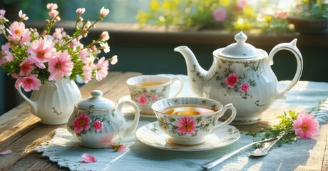 Fototapeta premium Floral porcelain tea set displayed on rustic wood. Sunlight illuminates delicate roses, creating cozy atmosphere. Beautiful still life.