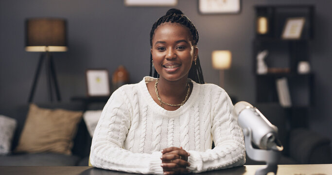 Black woman, pov and influencer in home, smile and portrait with chat, mic and live streaming on web. African person, happy and presenter with podcast host, recording tech or social media in Nigeria