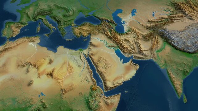 Detailed topographic map highlighting natural features of Europe, Africa and the Middle East with varied elevations