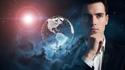 Thoughtful businessman in space imagines the earth with a glowing red sun