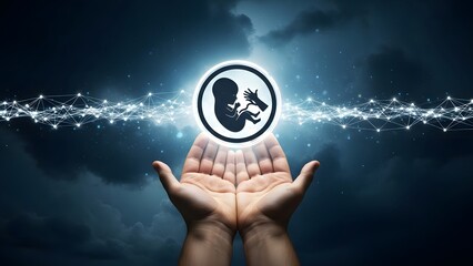 Two hands gently holding a glowing image of a developing fetus