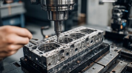 Fototapeta premium Cnc machine milling engine block for precision manufacturing