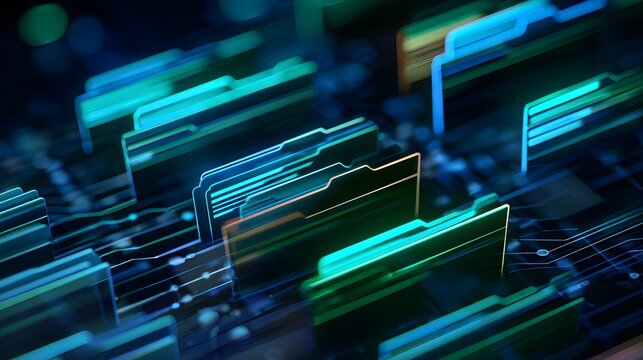Glowing digital folders reveal futuristic data pathways on a sleek circuit board design - Powered by Adobe