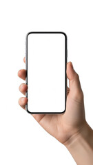 Hand holding smartphone isolated on transparent background