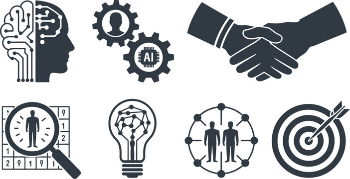 A collection of business and technology icons on a white background