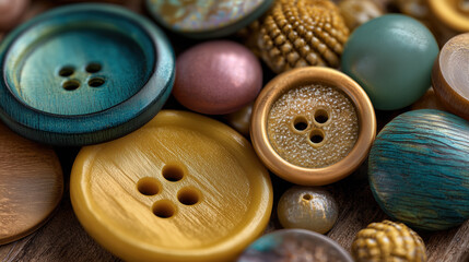 Collection of vintage sewing buttons for colorful craft macro textile tailoring clothing projects. Various accessories with round texture in fashion hobby needlework design detail.