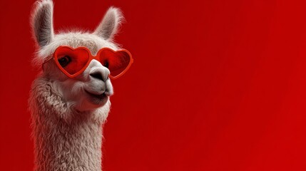 Obraz premium Llama wearing red heart sunglasses on red background, copy space