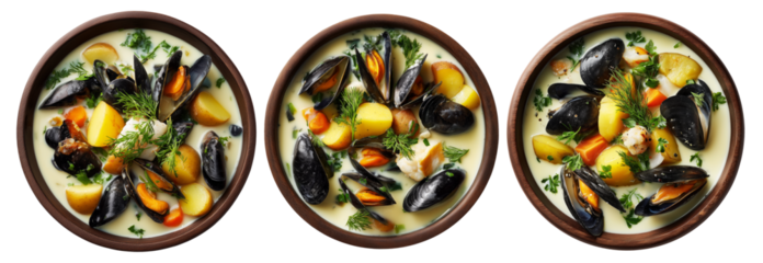 Seafood Chowder creamy soup with mussels, fish, and potatoes in wooden bowl, isolated on white background. New Zealand cuisine