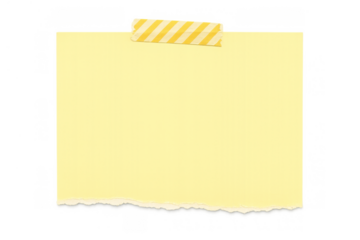 Blank yellow note paper with torn bottom edge, secured by patterned masking tape, transparent background