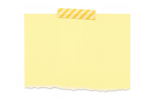 Blank yellow note paper with torn bottom edge, secured by patterned masking tape, transparent background - Powered by Adobe