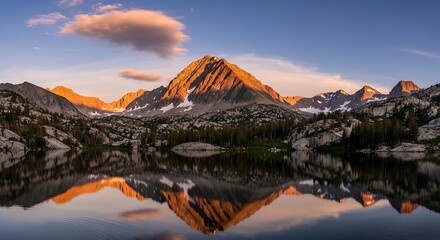 Mountain reflects sunset colors on lake