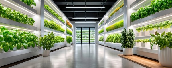 Indoor vertical farm with LED-lit shelves and lush green plants for modern urban agriculture