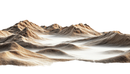 Misty desert valley with sand dunes and mountain peaks against black background