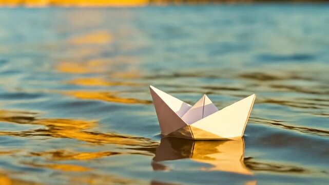 A white paper boat floats gently on calm water with golden reflections from the setting sun