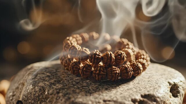 Rudraksha Mala Prayer Beads on Rock with Incense Smoke for Maha Shivaratri