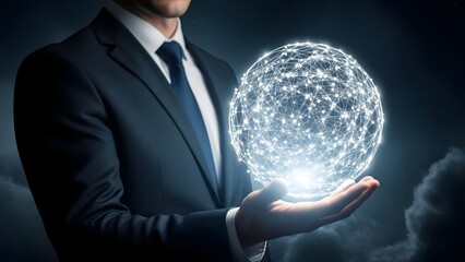 Businessman holding glowing digital globe in his hand against dark background