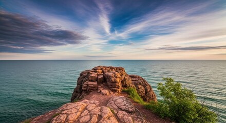 Breathtaking panoramic view from a rugged cliff overlooking the vast ocean at sunset