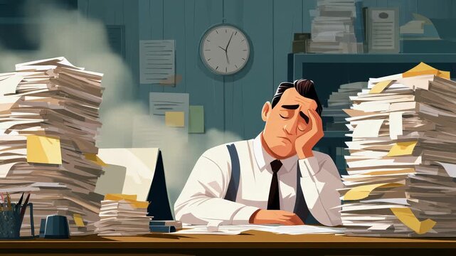 A stressed man surrounded by piles of paperwork in an office.