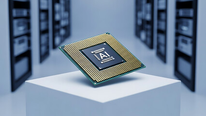 microchip on a white platform in a futuristic data center with server racks in the background - Ai Generated