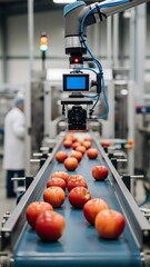 Robotic arm inspecting apples on a conveyor belt in a factory